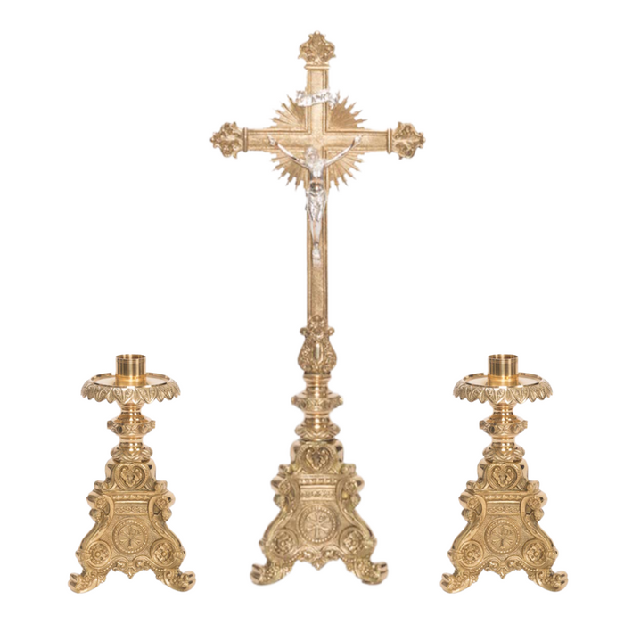 Traditional Baroque Style Crucifix and Candlesticks Altar Set