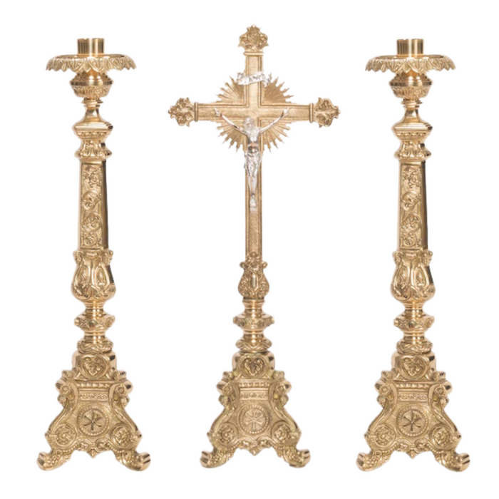 Traditional Baroque Style Crucifix and Candlesticks Altar Set