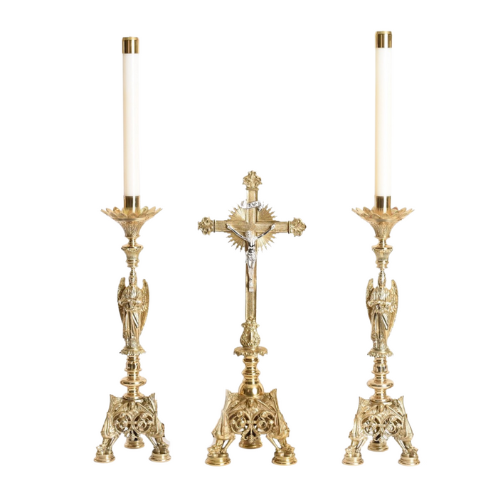 Traditional Baroque Style Crucifix and Angel Candlesticks Altar Set Altar Crucifix Crucifix Crucifix Symbolism Catholic Crucifix items Altar Candlestick altar candle holders catholic altar set up for catholic mass altar set