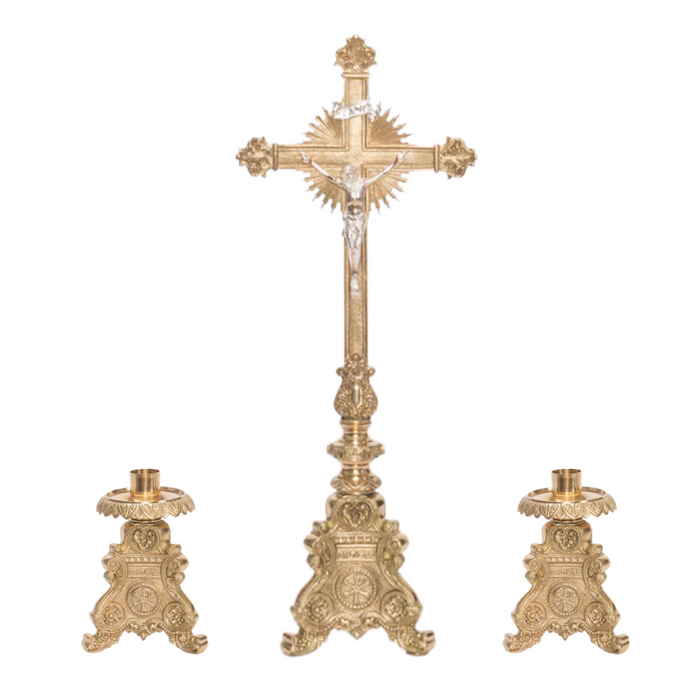 Traditional Baroque Style Crucifix and Candlesticks Altar Set