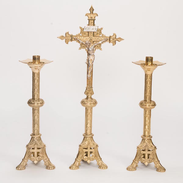 Traditional Brass Crucifix and Candlesticks Altar Set