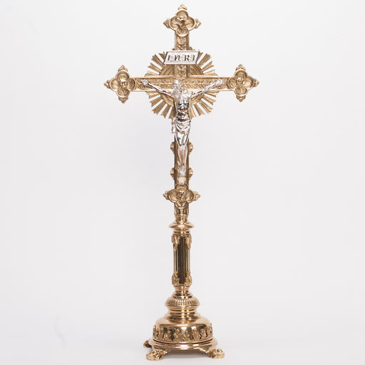 Traditional Fluted Brass Stem Altar Crucifix Fluted Stem Altar Cross Brass Stem Altar Cross with Silver plated Corpus and INRI.