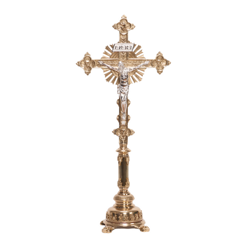 Traditional Fluted Brass Stem Altar Crucifix Fluted Stem Altar Cross Brass Stem Altar Cross with Silver plated Corpus and INRI.