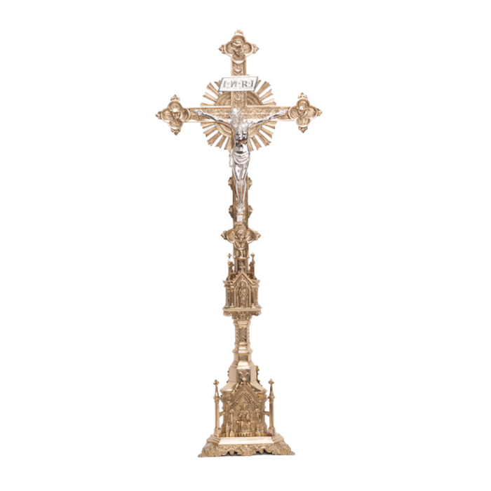 Traditional French Gothic Style Crucifix and Candlesticks Altar Set