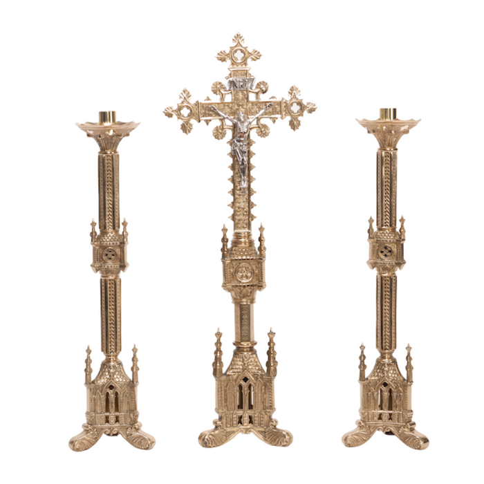 Traditional French Gothic Style Crucifix and Candlesticks Altar Set