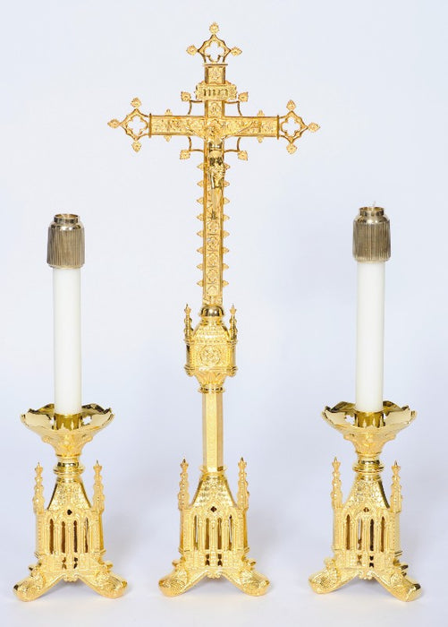 Traditional Gold Plated Gothic Style Short Candlestick and Crucifix Altar Set