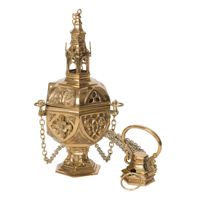 Traditional Gothic Censer with Removable Charcoal Cup Polished Brass and Lacquered Traditional Gothic Censer - Thurible with removable charcoal cup.