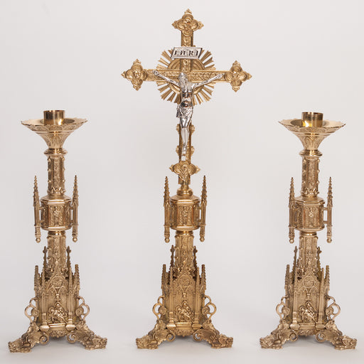 Traditional Gothic Solid Brass Crucifix and Candlesticks Altar Set