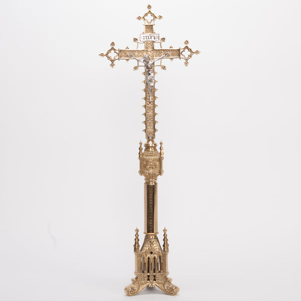 Traditional Gothic Style Crucifix and Marble Stem Candlesticks Altar Set