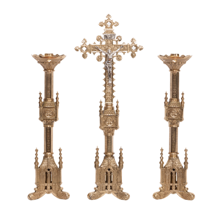 Traditional Gothic Style Crucifix and Candlesticks Altar Set