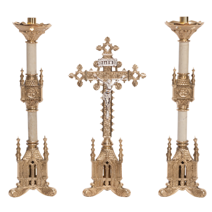 Traditional Gothic Style Crucifix and Mable Stem Candlesticks Altar Set