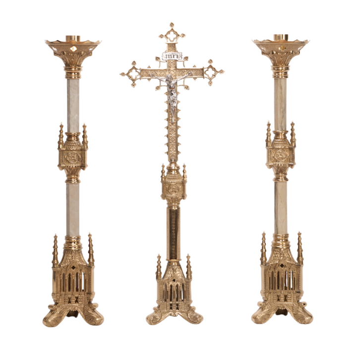 Traditional Gothic Style Crucifix and Marble Stem Candlesticks Altar Set