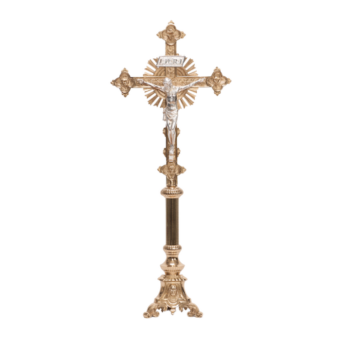 Traditional Holy Family Brass Crucifix and Candlesticks Altar Set