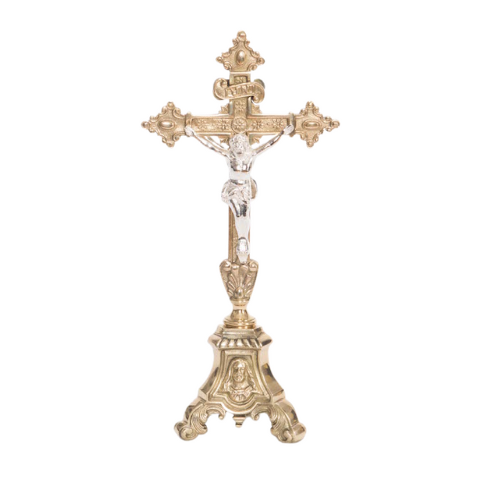 Traditional Holy Family Altar Crucifix Traditional 11 1/2" Altar cross with the "HOLY FAMILY" on the base. Small Altar Cross with silver plated Corpus and INRI.