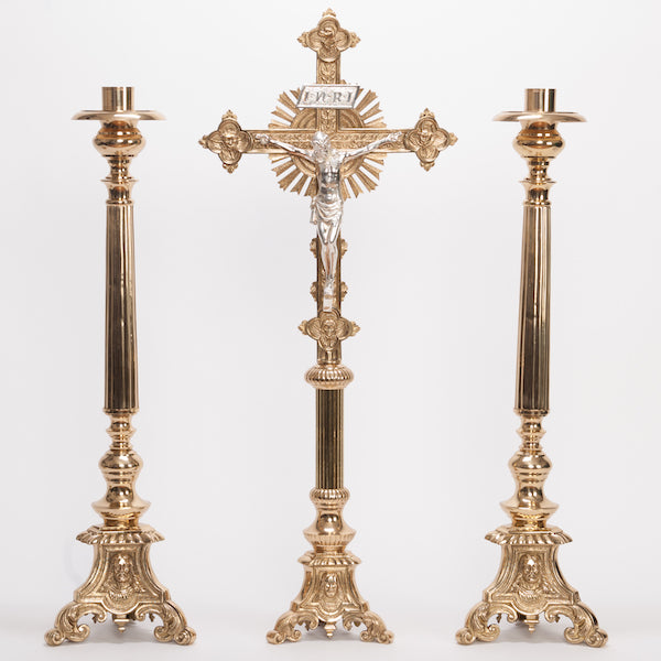 Traditional Holy Family Brass Crucifix and Candlesticks Altar Set