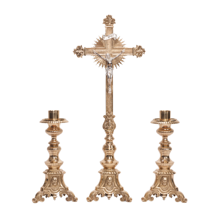 Traditional Holy Family Brass Crucifix and Candlesticks Altar Set