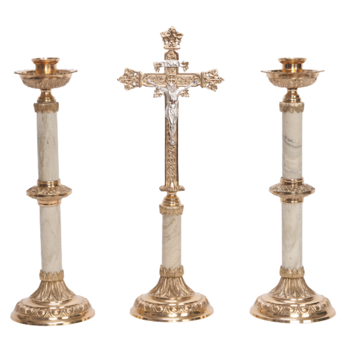 Traditional Marble Stem Crucifix and Candlesticks Altar Set