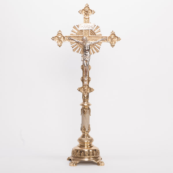 Traditional Marble Stem Brass Crucifix and Candlesticks Altar Set