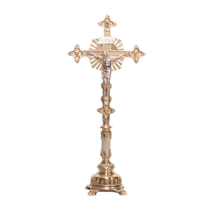 Traditional Marble Stem Brass Crucifix and Candlesticks Altar Set