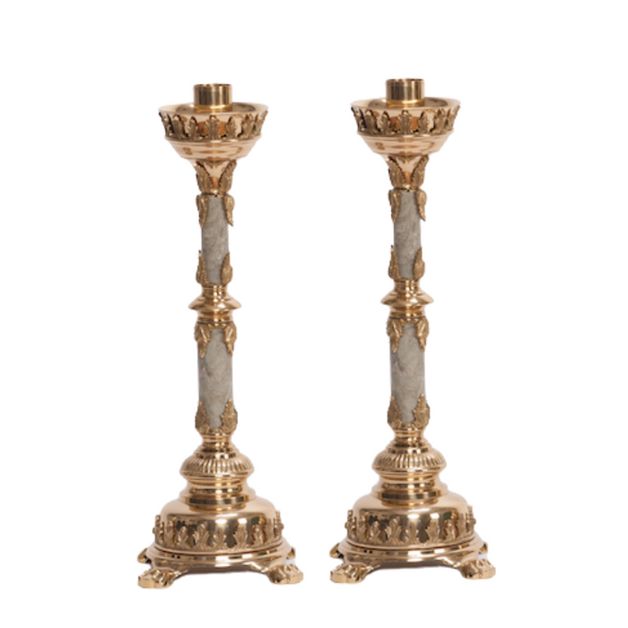 Traditional Marble Stem Brass Crucifix and Candlesticks Altar Set