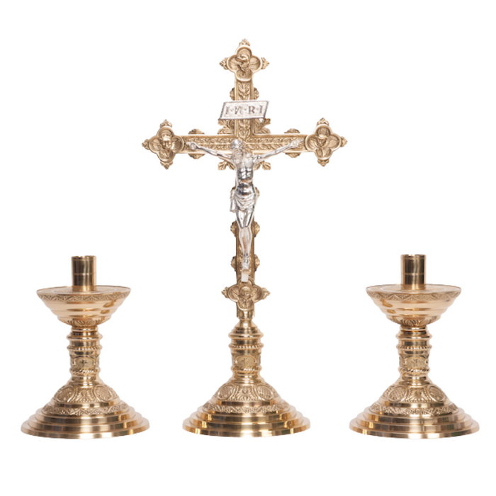 Traditional Ornate Crucifix and Candlesticks Altar Set