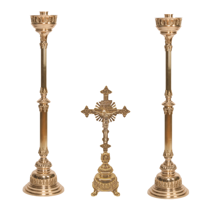 Traditional Solid Brass Crucifix and Candlesticks Altar Set Altar Crucifix Crucifix Crucifix Symbolism Catholic Crucifix items Altar Candlestick altar candle holders catholic altar set up for catholic mass altar set