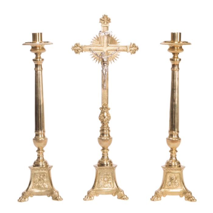 Traditional Solid Brass Sacred Heart Crucifix and 12" Candlesticks Altar Set