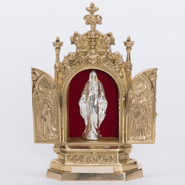 Triptych Solid Brass Reliquary with Silver Blessed Virgin Mary Statue