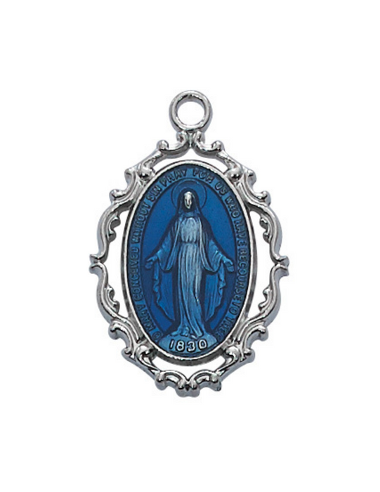 Two Tone Blue Enameled Miraculous Medal w/ 18" Rhodium Plated Chain our lady of miraculous medal power of the miraculous medal miraculous medal protection 