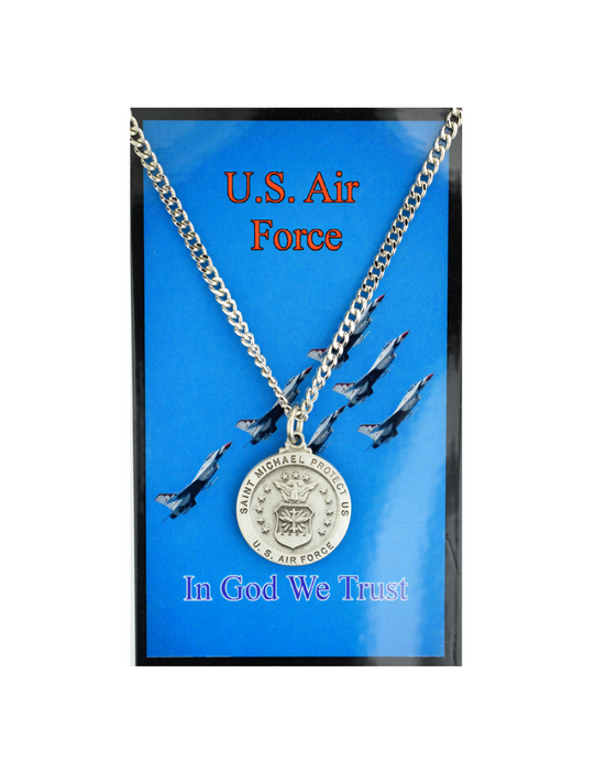 St. Michael Air Force Pewter medal with 24" silver tone chain a perfect gift for protection gift of your brother father family and friends for their birthday christmas holidays or any celebrations