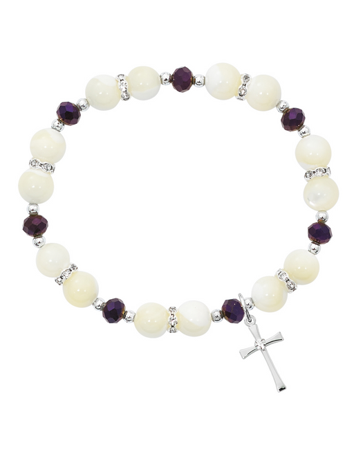 Mother of Pearl with Purple Crystal Cross Stretch Bracelet Cross Stretch Bracelet Mother of Pearl Cross Stretch Bracelet