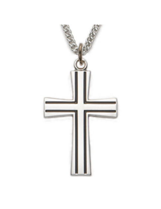 Sterling Silver Cross with Black Fill and 24" L Chain Cross Necklace Cross for Protection Necklace for Protection Cross Necklaces