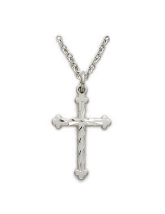 Sterling Silver Budded Cross with Brite Cuts and 18" L Rhodium Plated Brass Chain