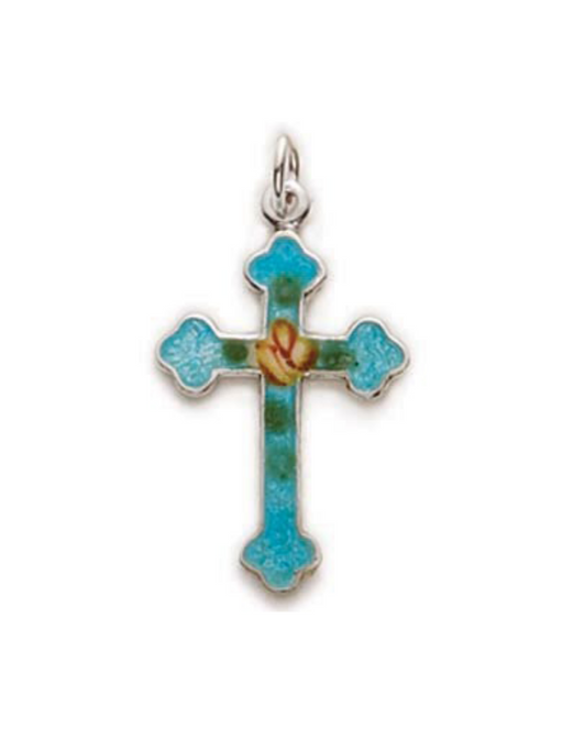 Sterling Silver Budded Cross with Blue Enamel and 18" L Chain Cross Necklace Cross for Protection Necklace for Protection Cross Necklaces