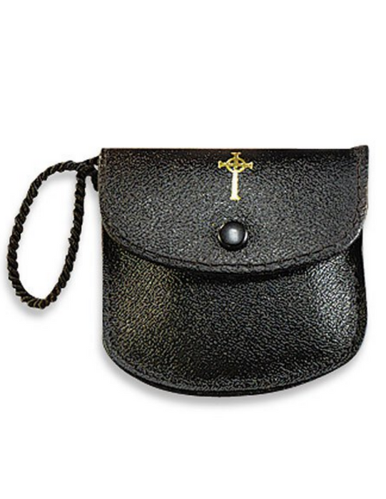 Medium Black Strap Leather Burse Medium Strap Burse Leather burse features metallic gold cross