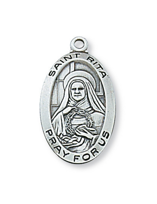 Engravable Sterling Silver St. Rita Medal w/ 18" Rhodium Plated Chain SS ST RITA 18 CH&BX" Engravable Sterling Silver St. Rita Medal 