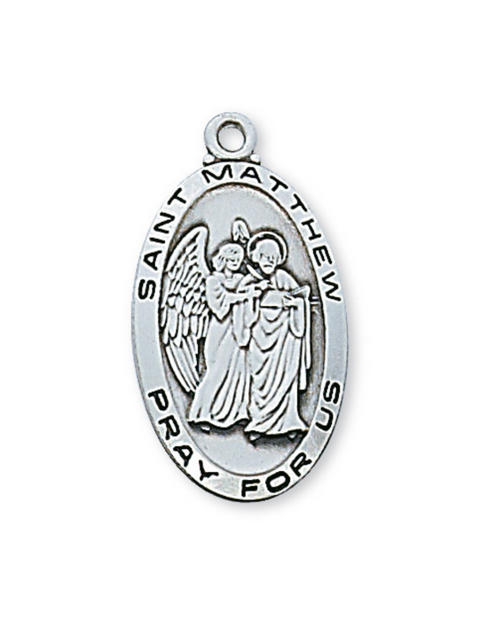 Sterling Silver St. Matthew Medal w/ 24" Rhodium Plated Chain Sterling Silver St. Matthew Medal Sterling Silver St. Matthew necklace