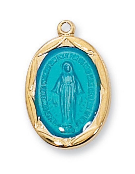 Miraculous Medal Gold Over Sterling Silver Blue with 18" Gold Plated Chain