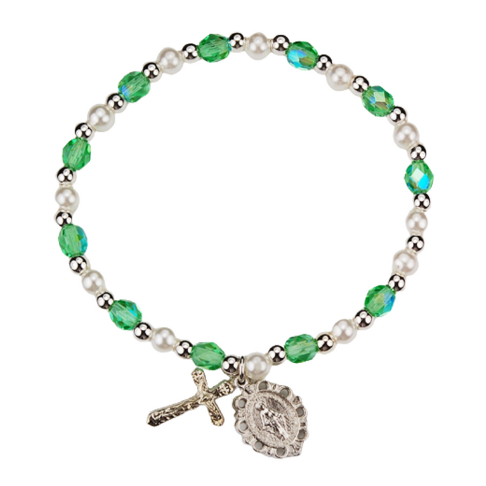 Pulsera de rodio con medalla milagrosa de peridoto juvenil