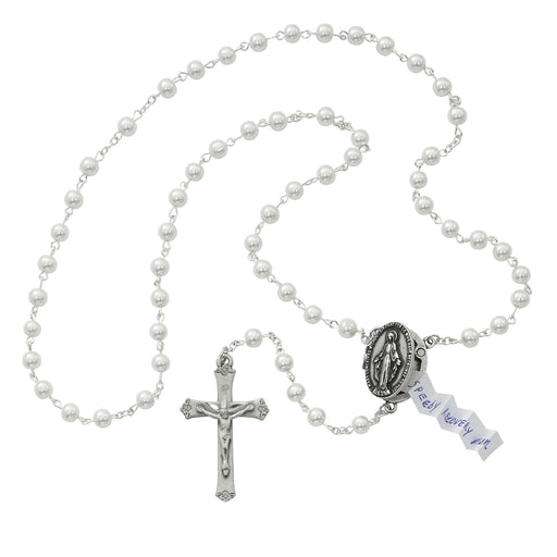 Prayer Locket Glass Pearl Beads Miraculous Rosary features a Miraculous Prayer Locket center for your petitions and and accented crucifix made from pewter a perfect gift to your parents family and friend in need