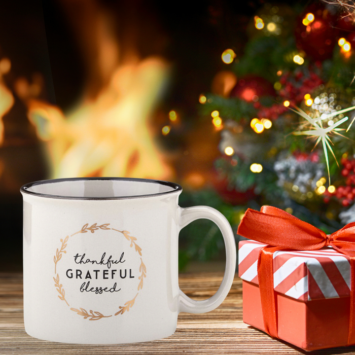 13oz Ceramic Thankful Grateful Blessed Campfire Mug13oz Ceramic Thankful Grateful Blessed Campfire Mug - 2 Pieces Per Package